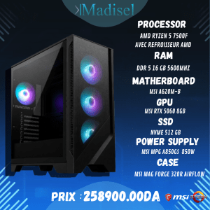 PC Gamer Ryzen 5 7500F – 16 Go RAM DDR5 | SSD NVMe 512 Go | RTX 5060 8Go | MSI A620M-B